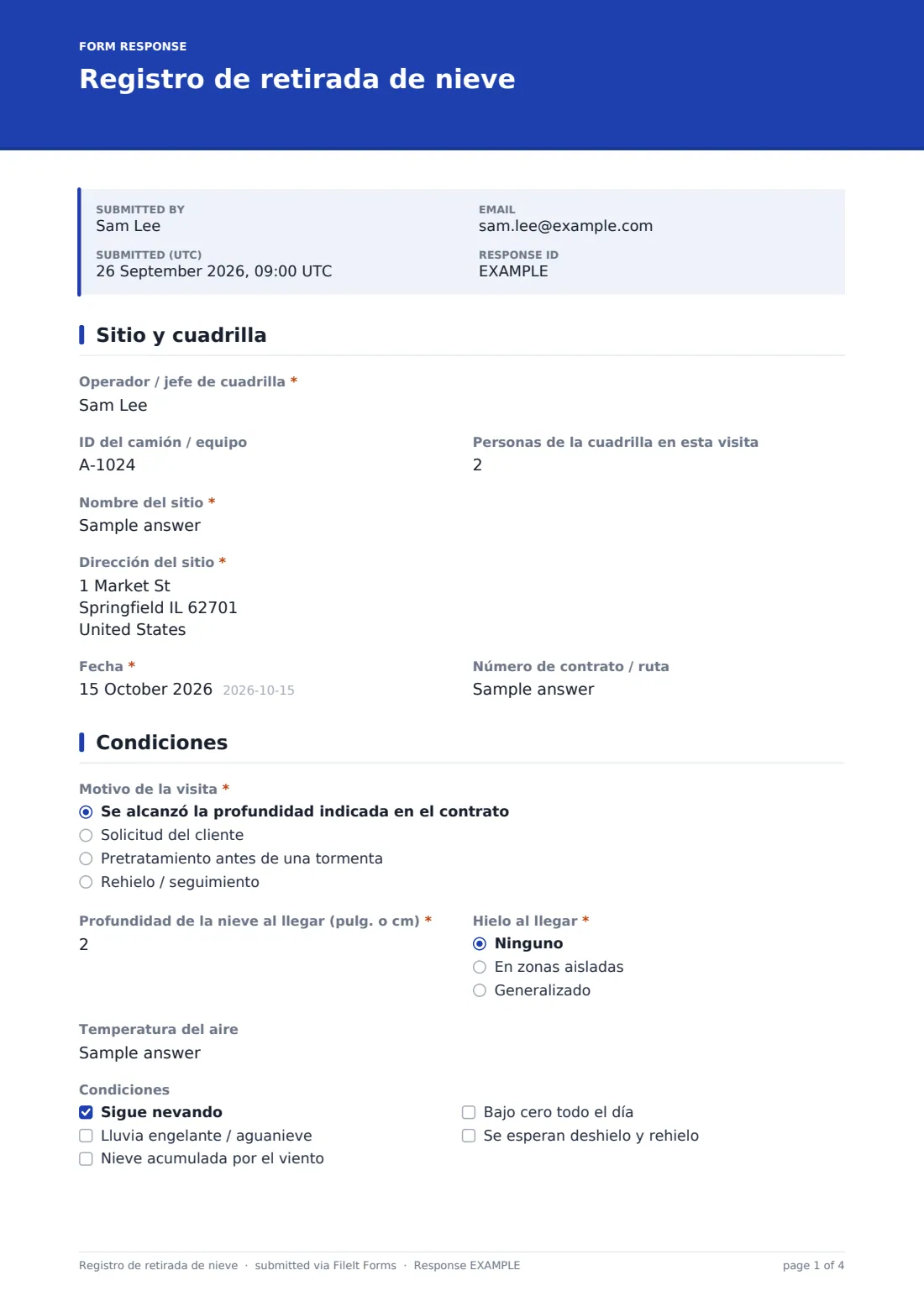 Registro de retirada de nieve — PDF de respuesta de ejemplo, página 1 de 4