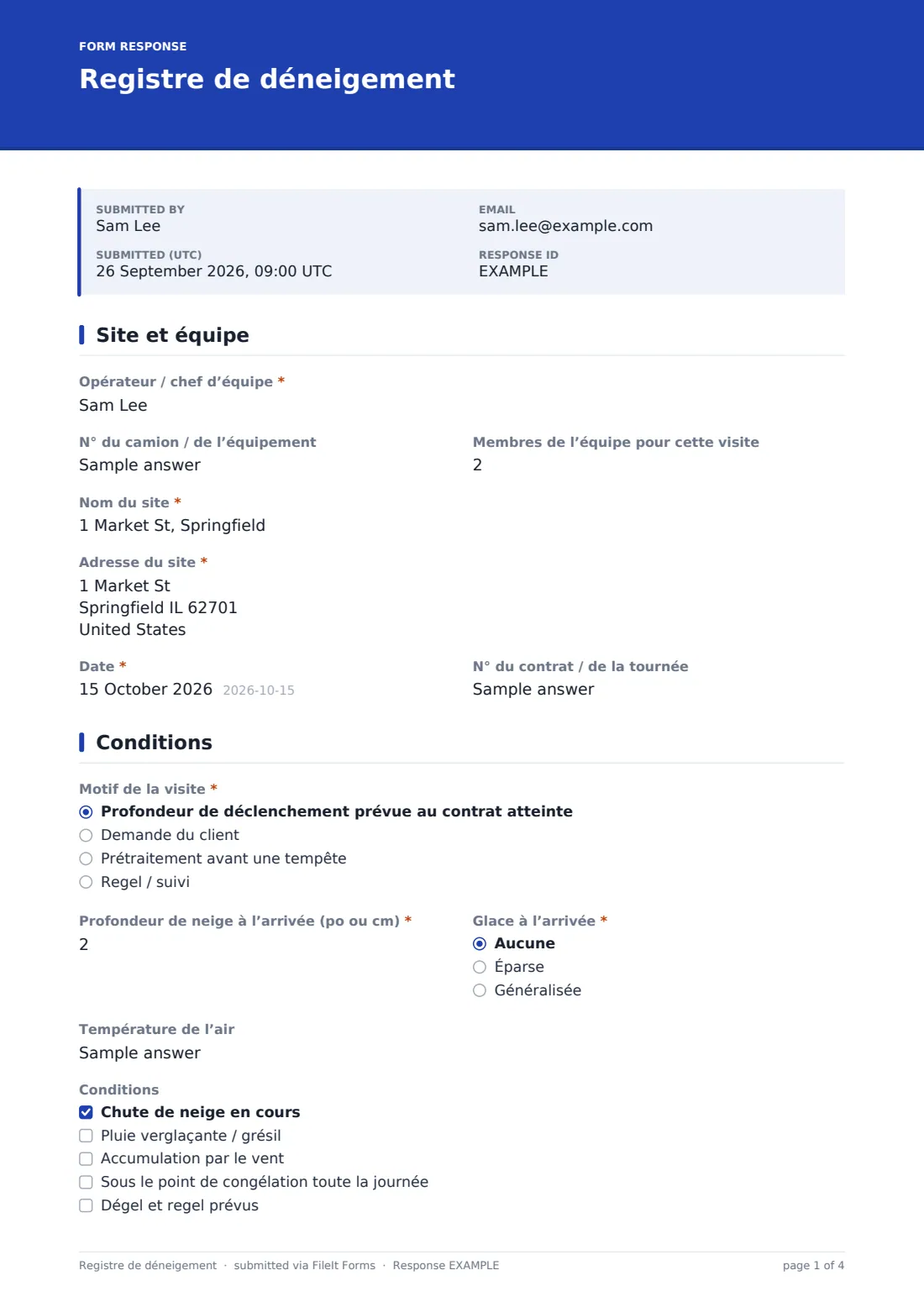 Registre de déneigement — exemple de réponse au format PDF, page 1 sur 4