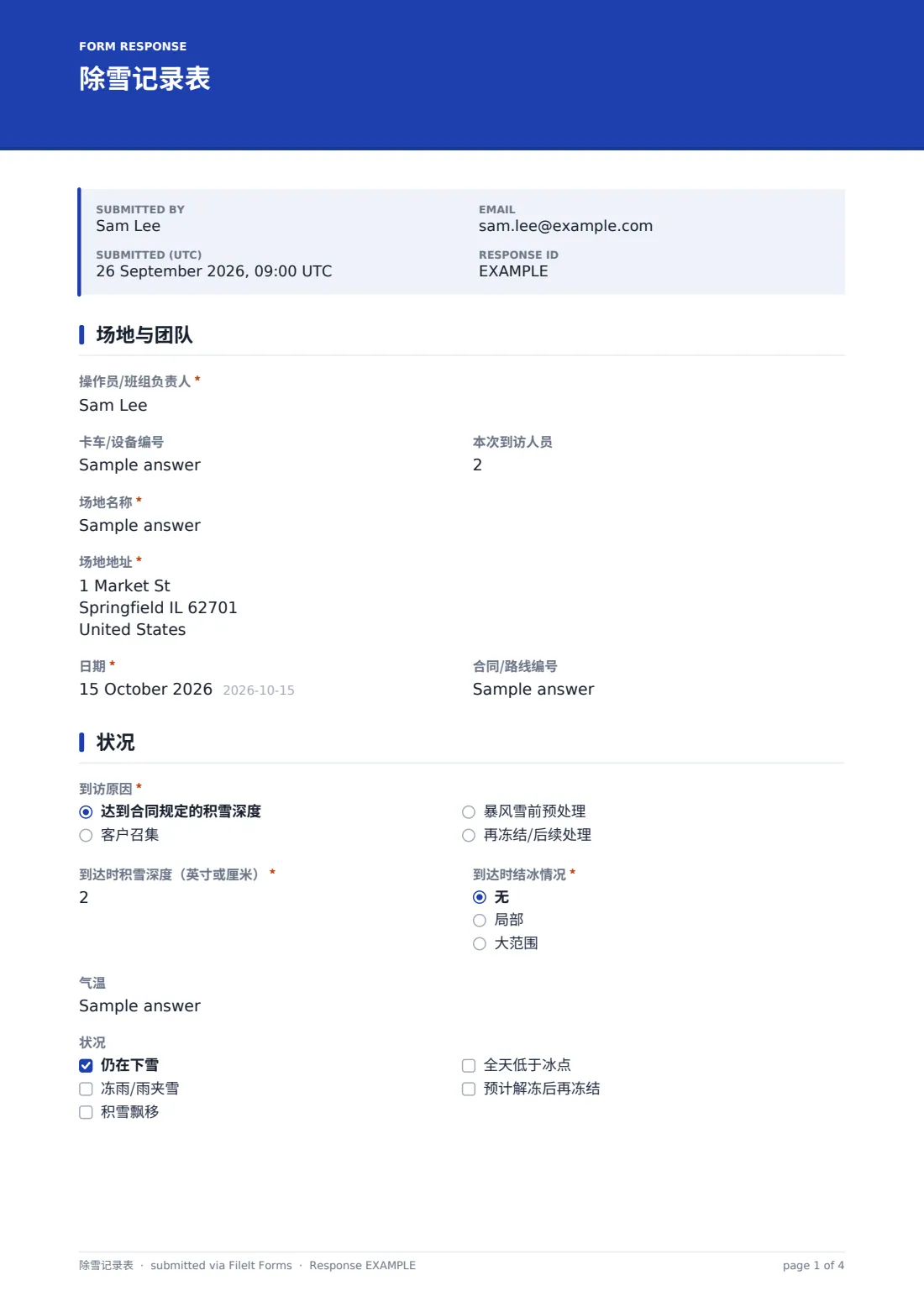 除雪记录表 — 示例回复 PDF，第 1 页，共 4 页