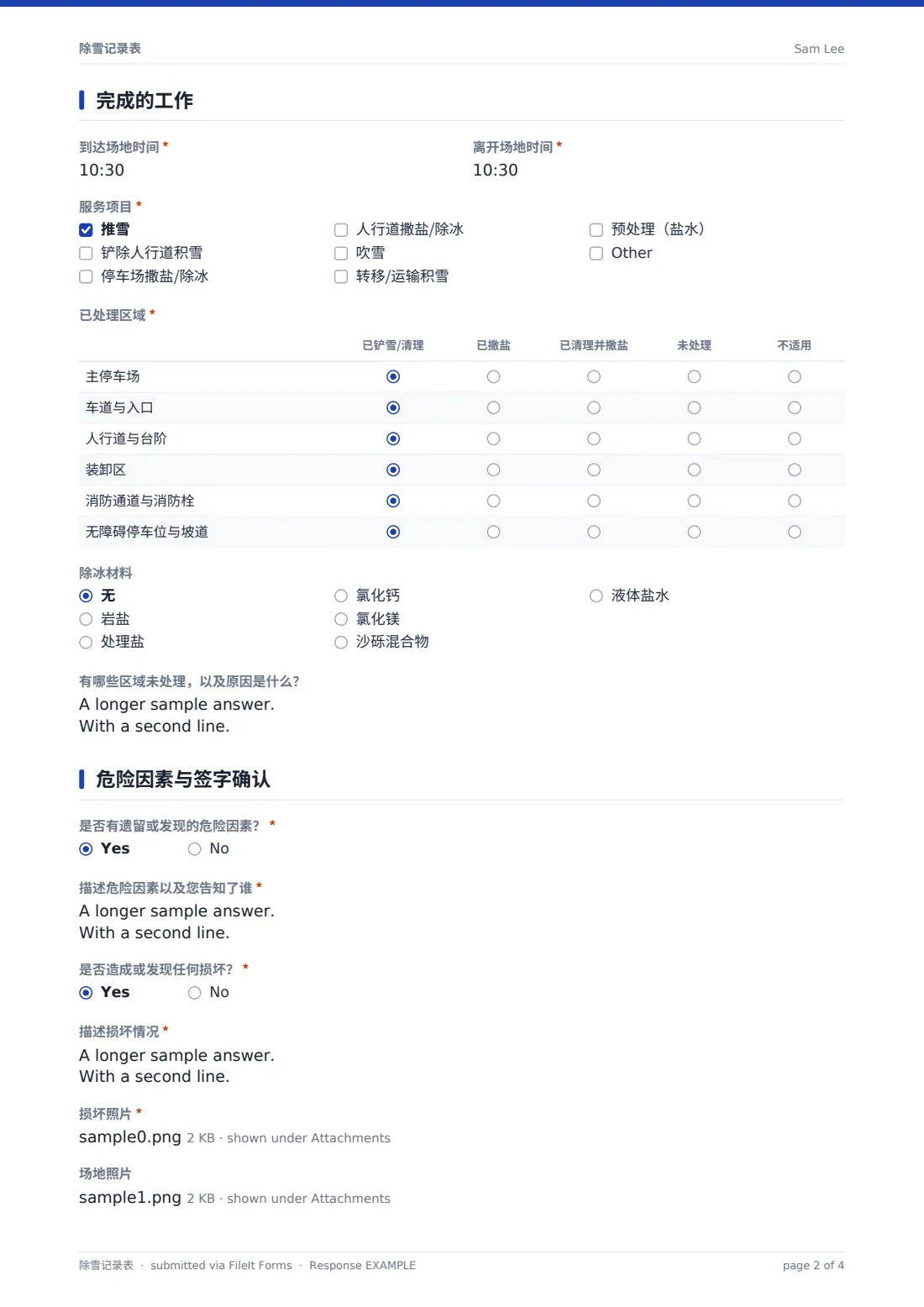 除雪记录表 — 示例回复 PDF，第 2 页，共 4 页