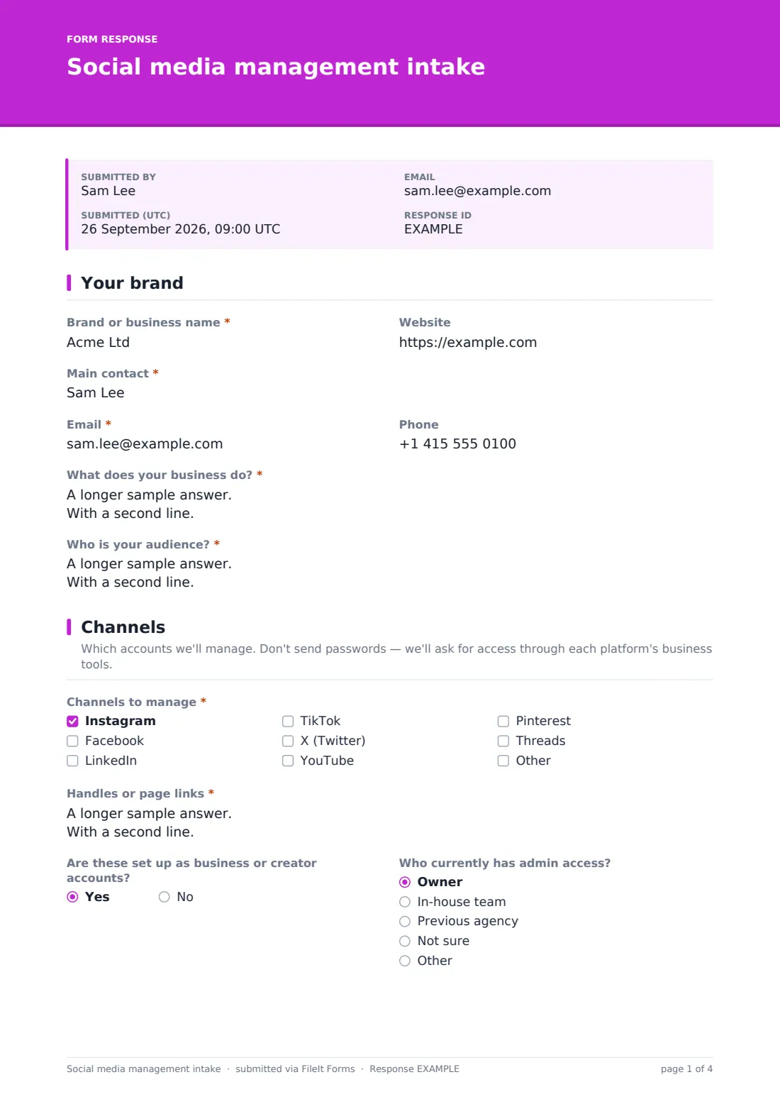Social media management intake — example response PDF, page 1 of 4