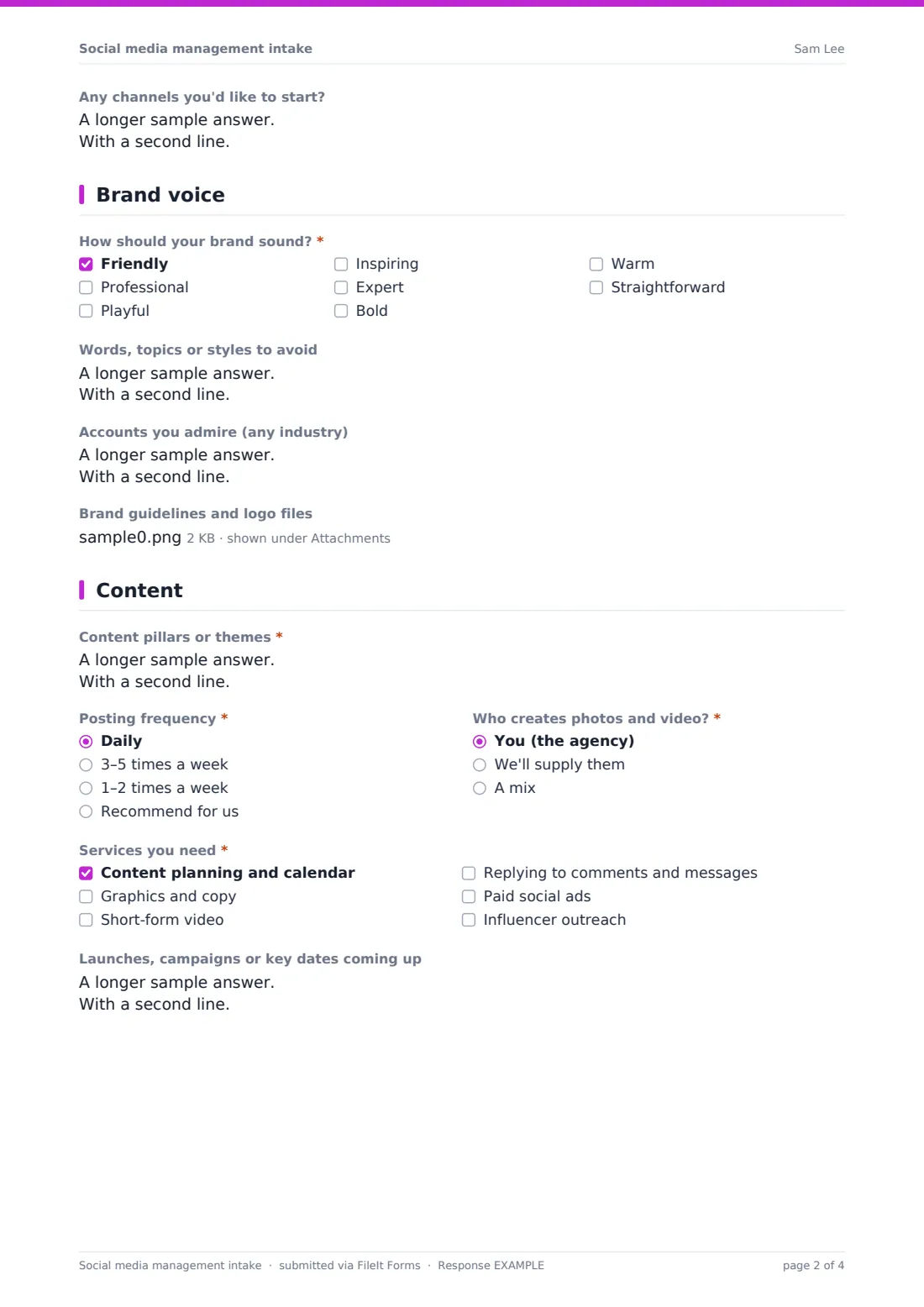 Social media management intake — example response PDF, page 2 of 4