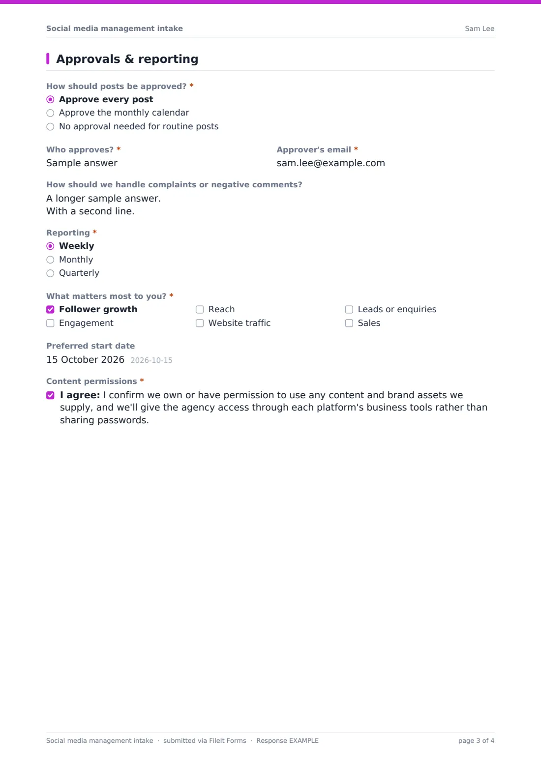 Social media management intake — example response PDF, page 3 of 4