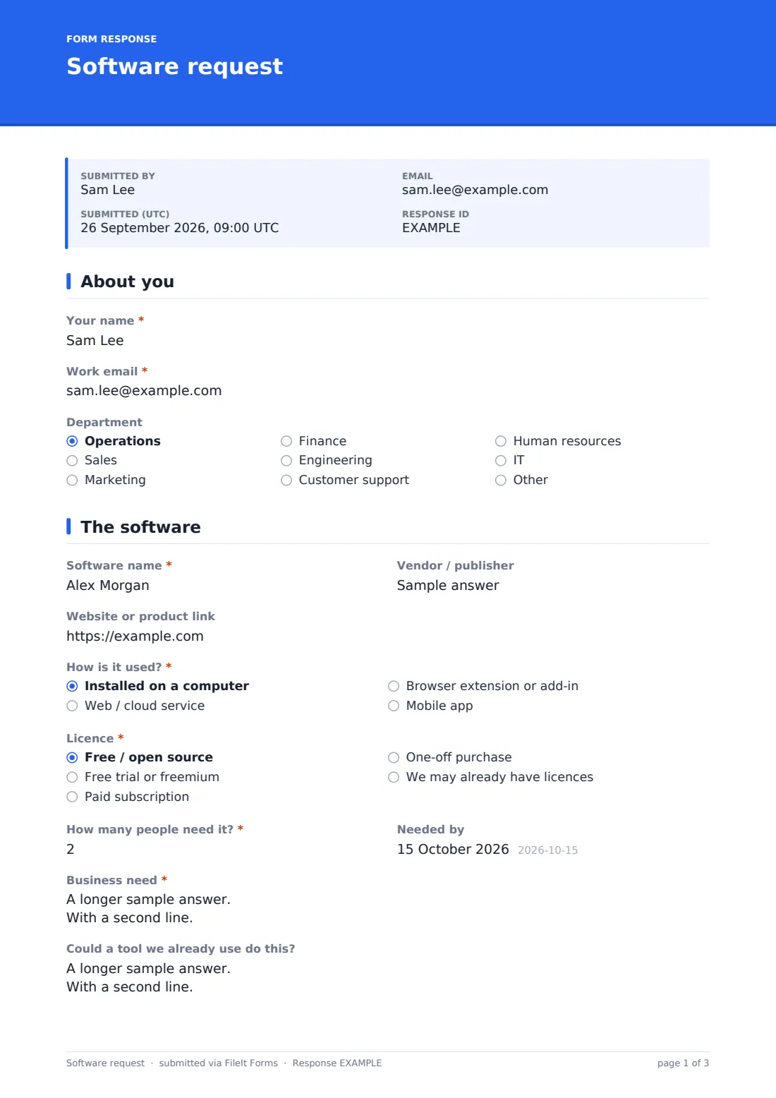 Software request — example response PDF, page 1 of 3