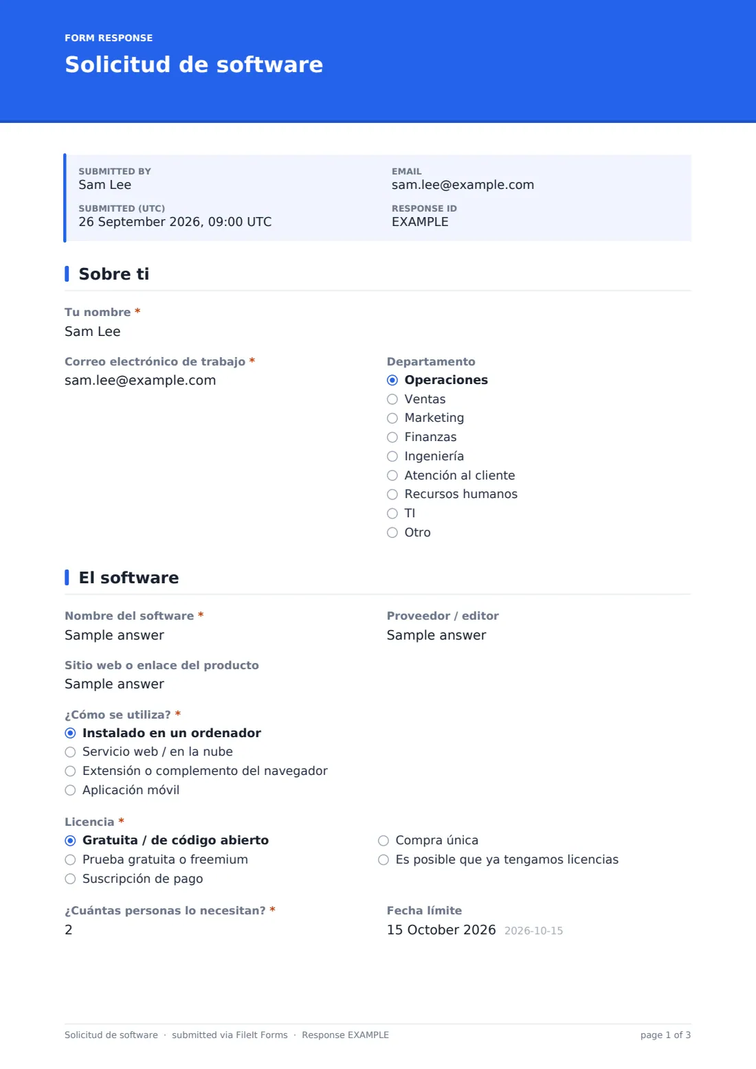 Solicitud de software — PDF de respuesta de ejemplo, página 1 de 3