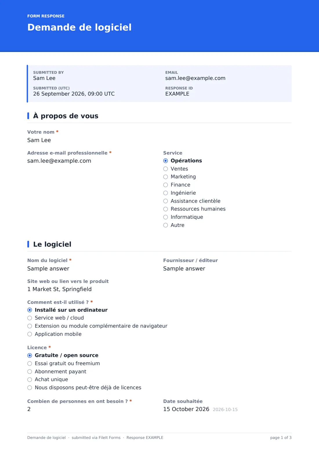 Demande de logiciel — exemple de réponse au format PDF, page 1 sur 3