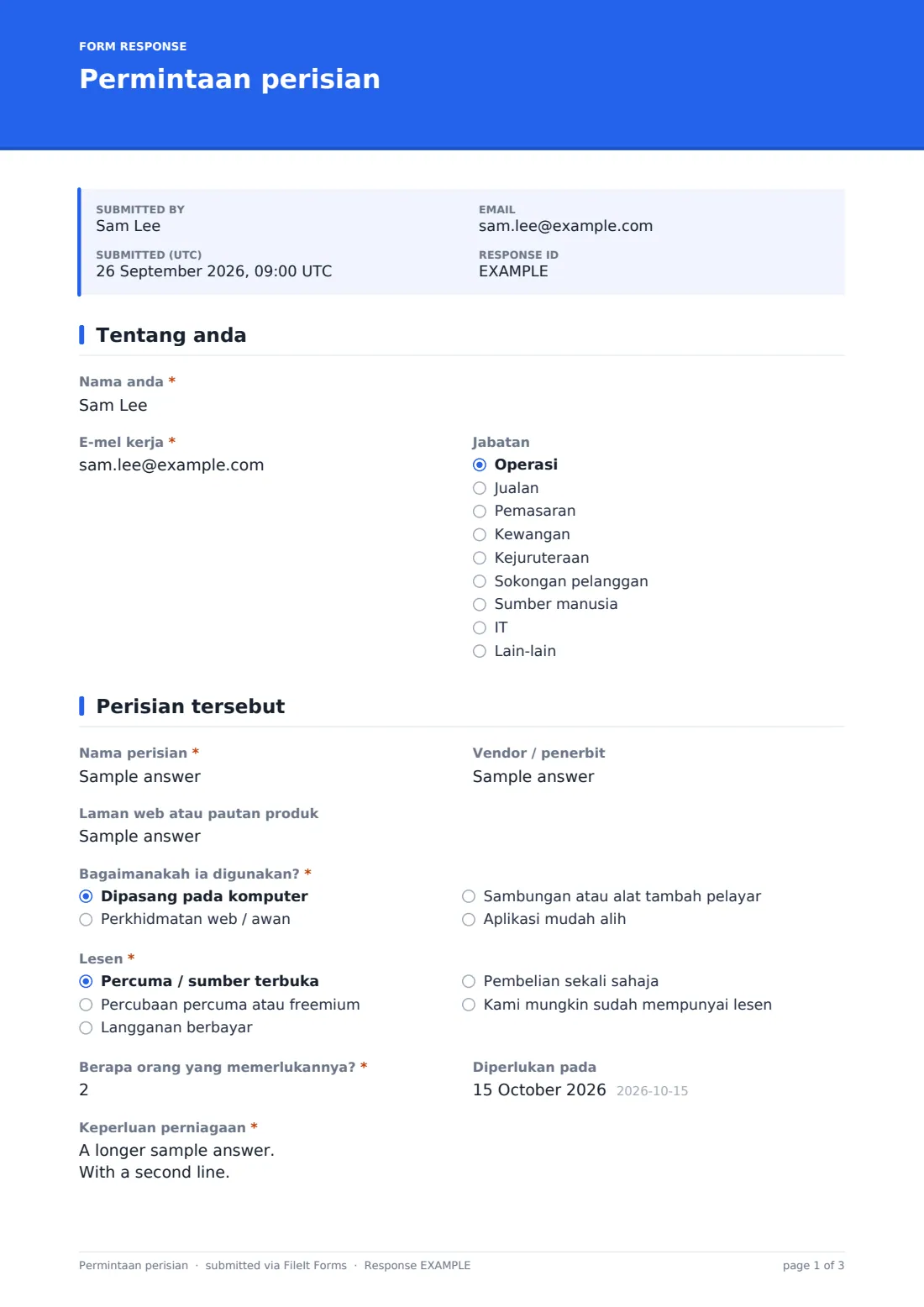 Permintaan perisian — PDF respons contoh, halaman 1 daripada 3