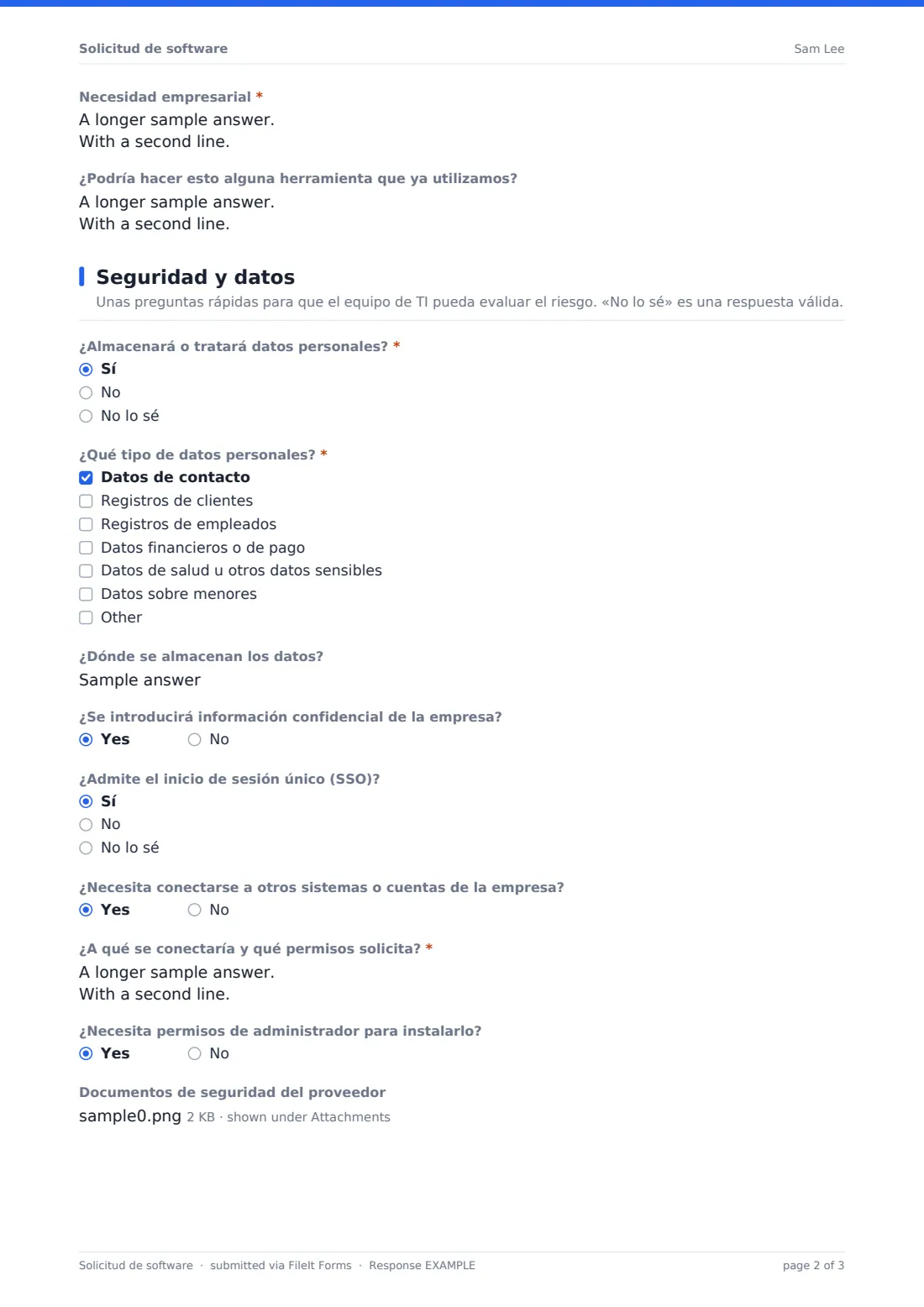 Solicitud de software — PDF de respuesta de ejemplo, página 2 de 3