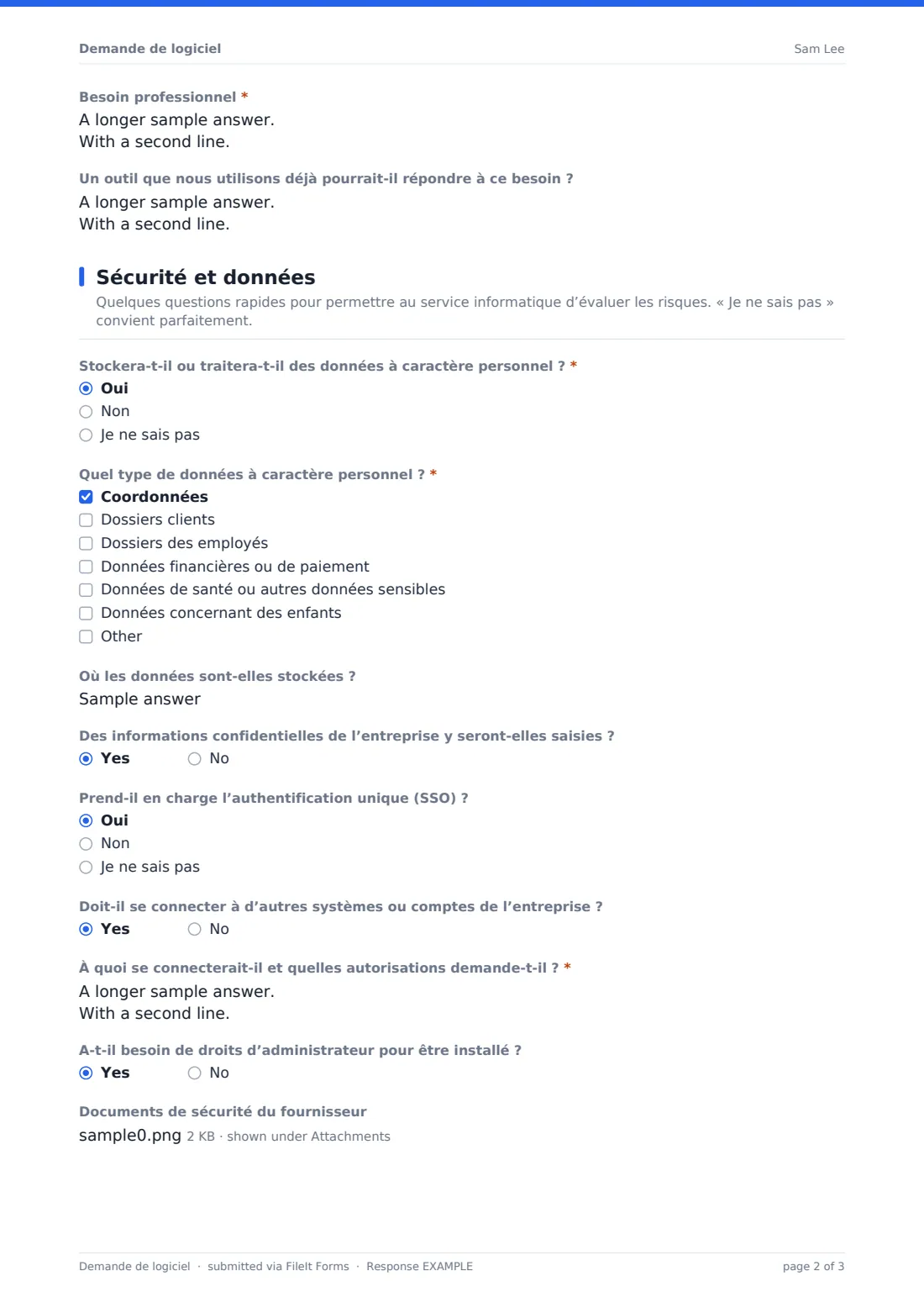 Demande de logiciel — exemple de réponse au format PDF, page 2 sur 3