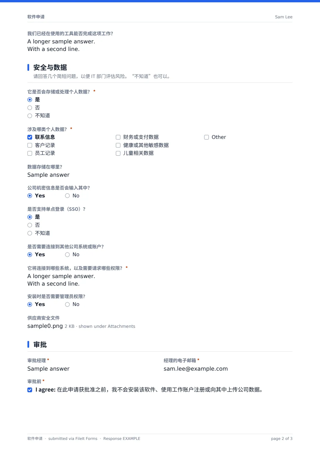 软件申请 — 示例回复 PDF，第 2 页，共 3 页