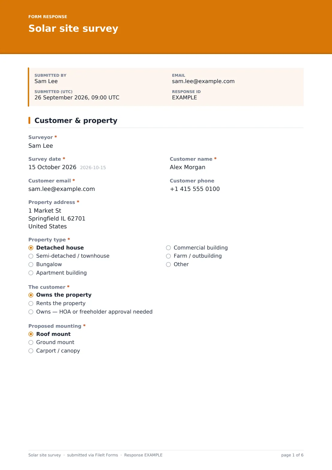 Solar site survey — example response PDF, page 1 of 6