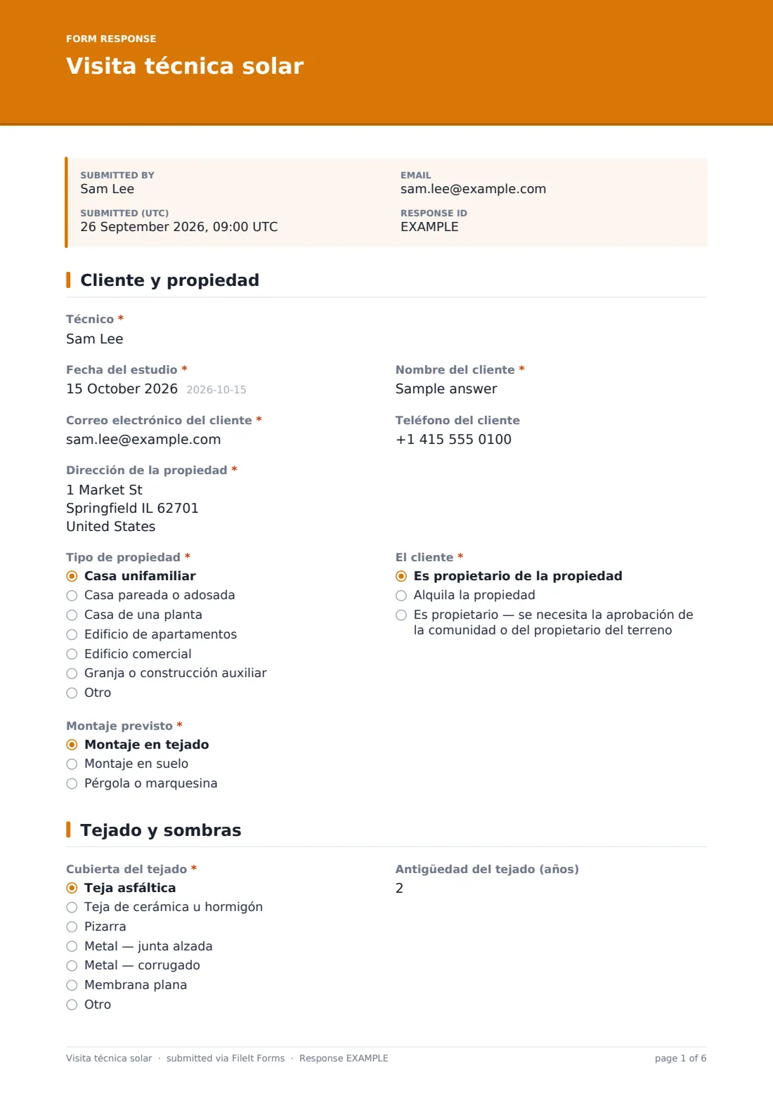 Visita técnica solar — PDF de respuesta de ejemplo, página 1 de 6