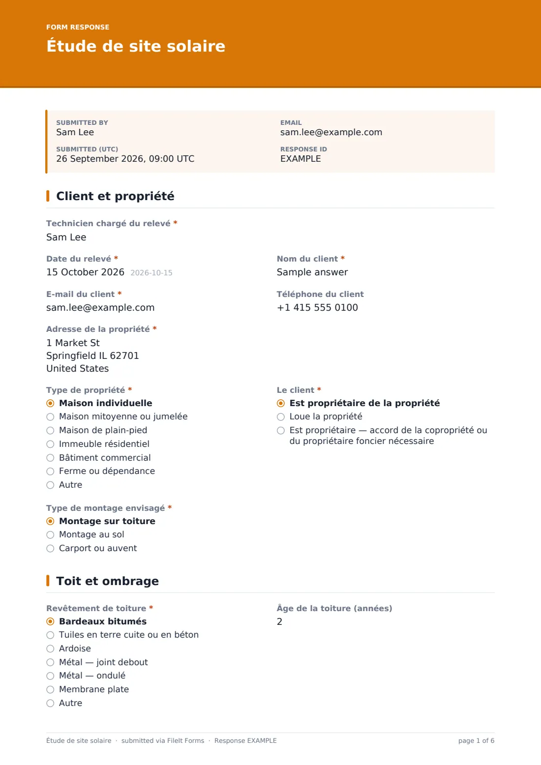 Étude de site solaire — exemple de réponse au format PDF, page 1 sur 6