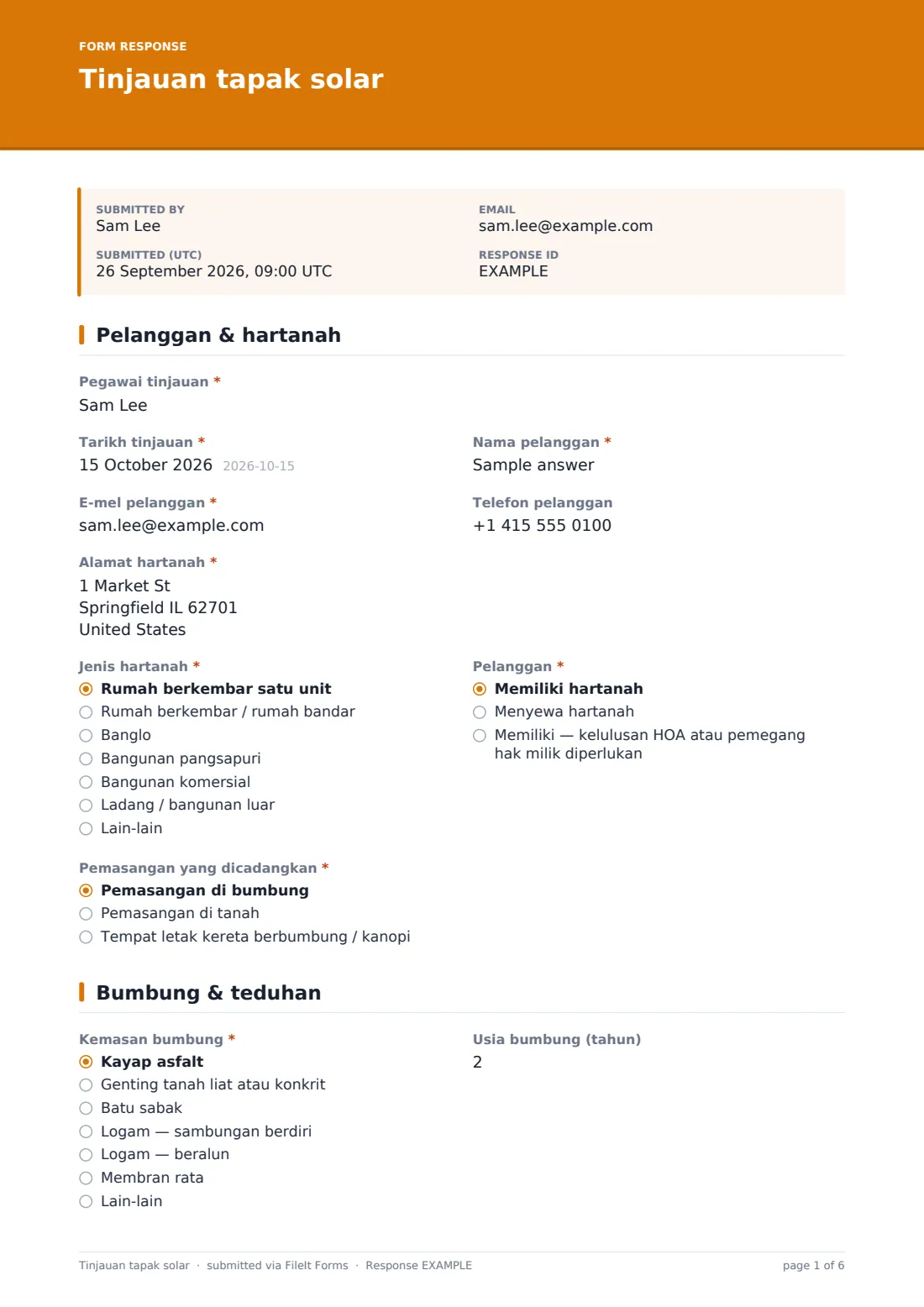 Tinjauan tapak solar — PDF respons contoh, halaman 1 daripada 6
