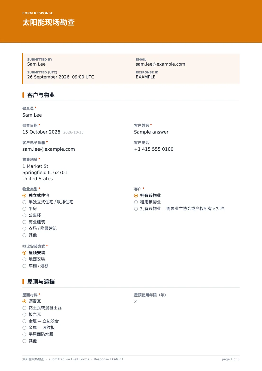 太阳能现场勘查 — 示例回复 PDF，第 1 页，共 6 页