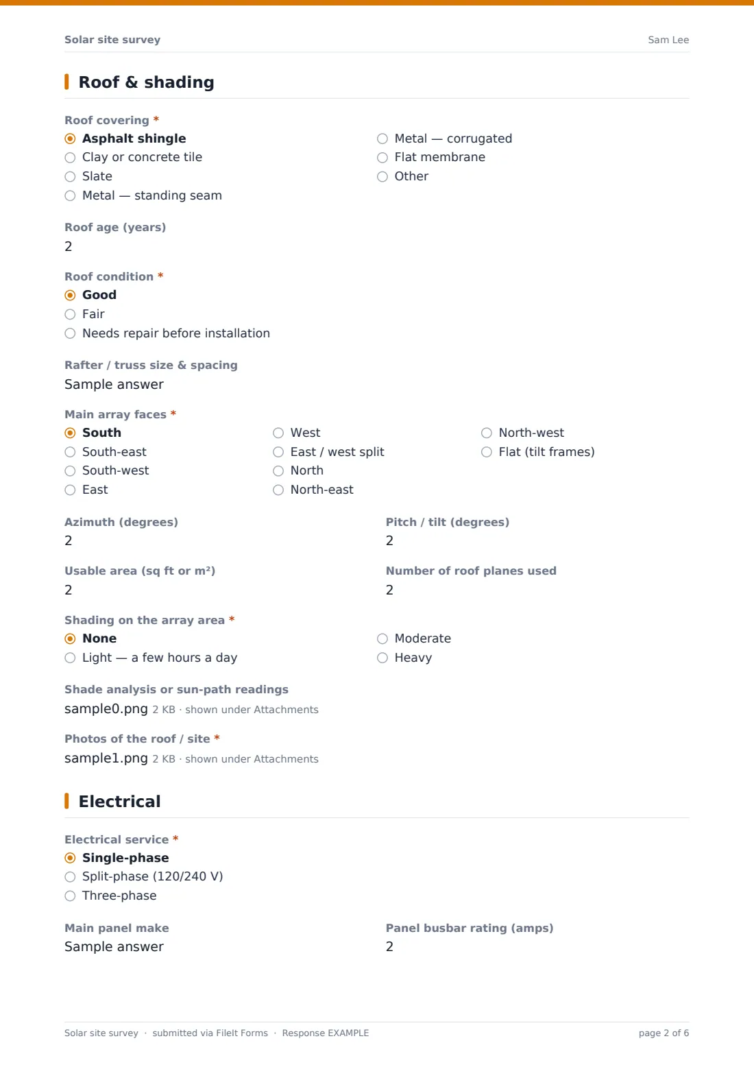 Solar site survey — example response PDF, page 2 of 6