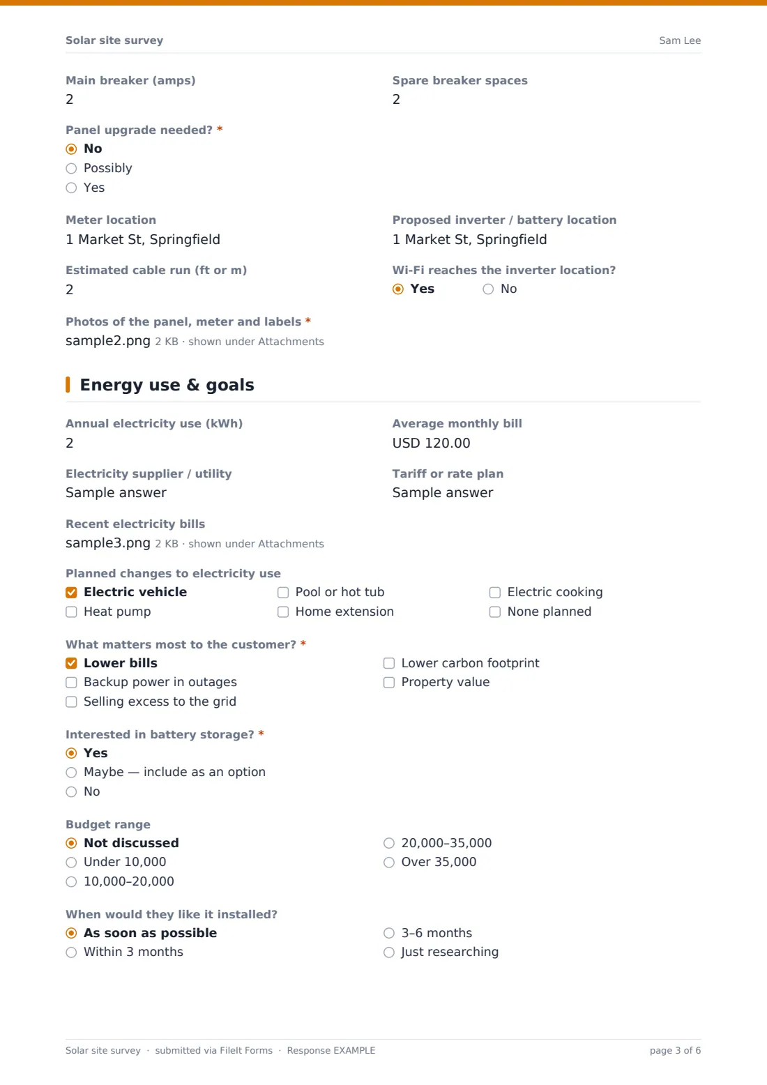 Solar site survey — example response PDF, page 3 of 6