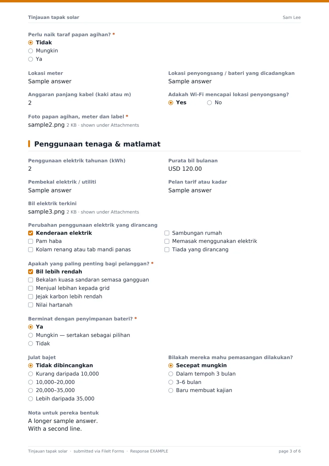 Tinjauan tapak solar — PDF respons contoh, halaman 3 daripada 6