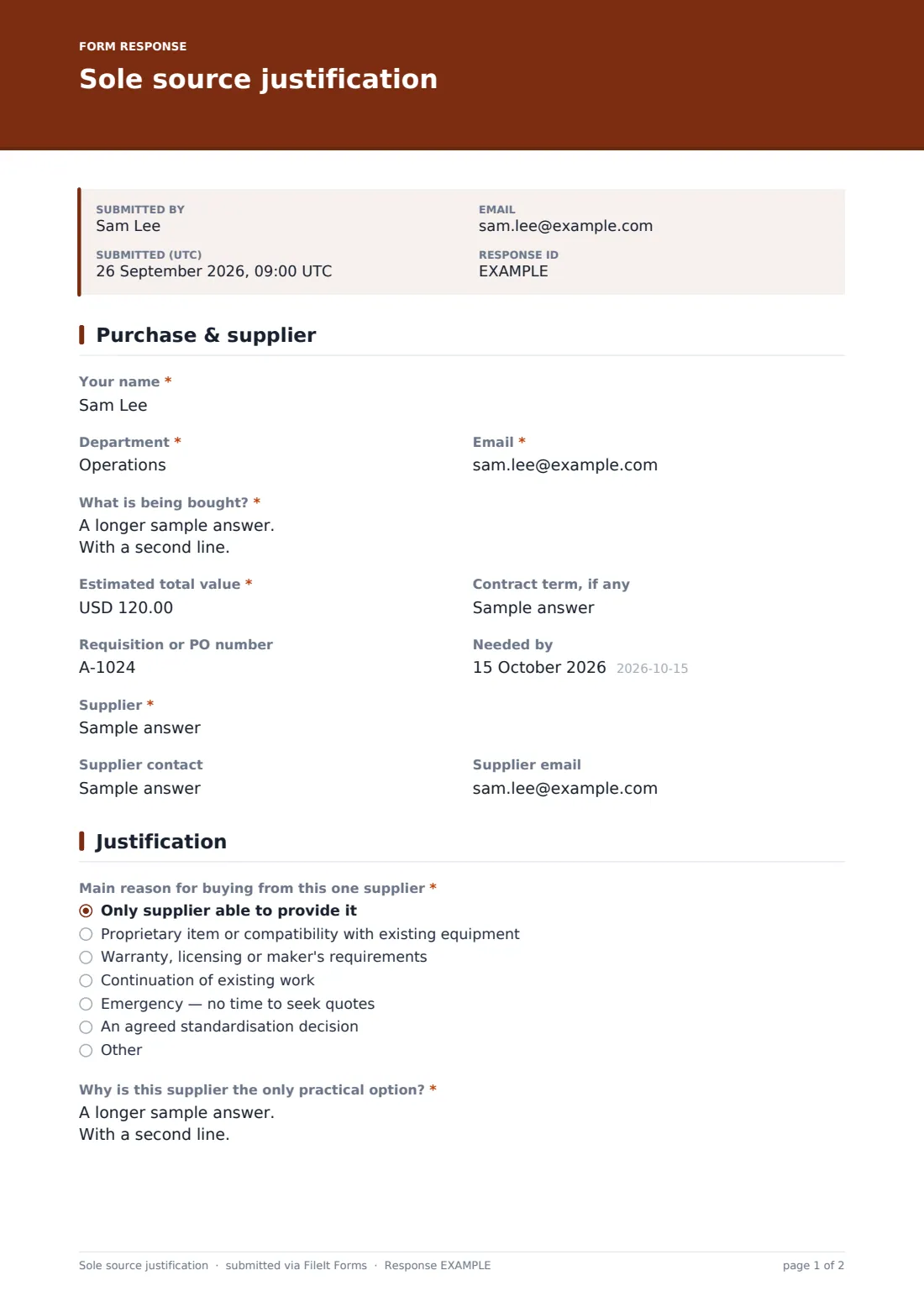 Sole source justification — example response PDF, page 1 of 2