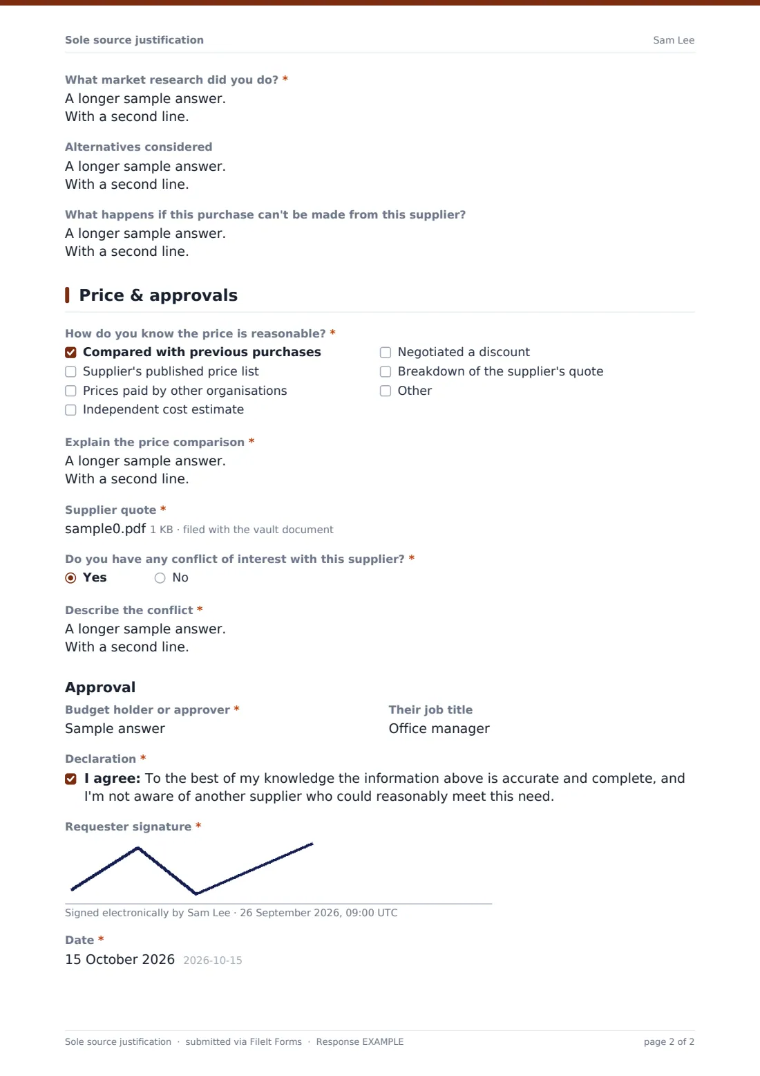 Sole source justification — example response PDF, page 2 of 2