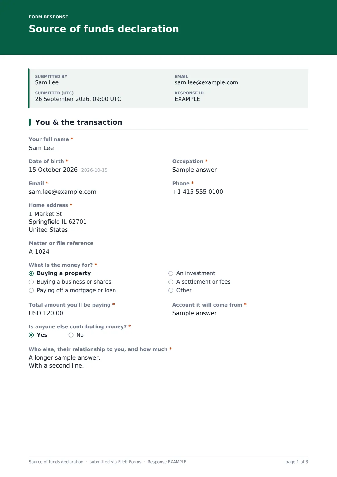 Source of funds declaration — example response PDF, page 1 of 3