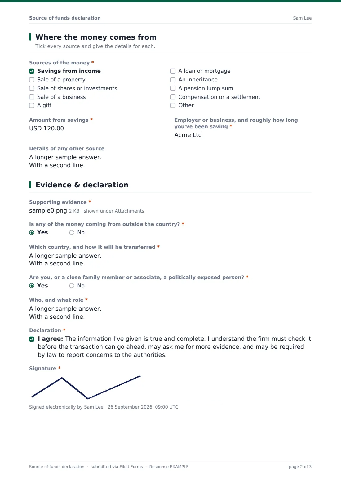 Source of funds declaration — example response PDF, page 2 of 3