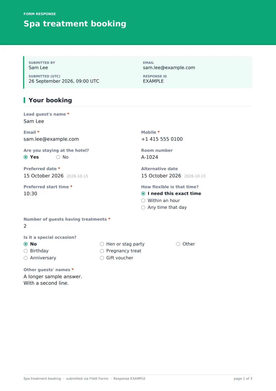 Spa treatment booking — example response PDF, page 1 of 3