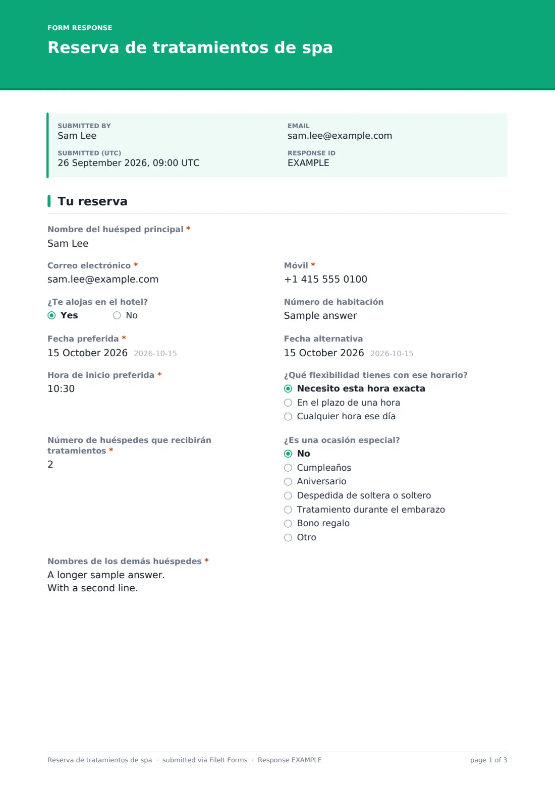Reserva de tratamientos de spa — PDF de respuesta de ejemplo, página 1 de 3