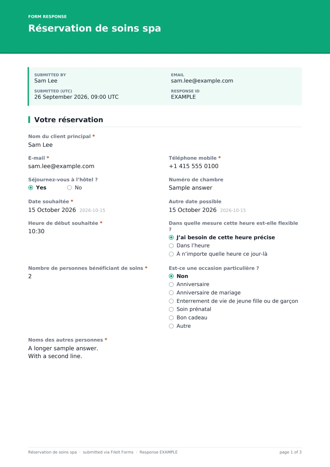 Réservation de soins spa — exemple de réponse au format PDF, page 1 sur 3