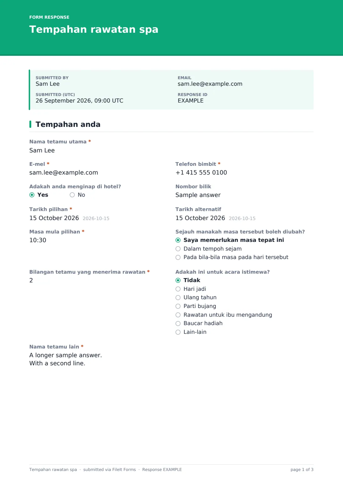Tempahan rawatan spa — PDF respons contoh, halaman 1 daripada 3