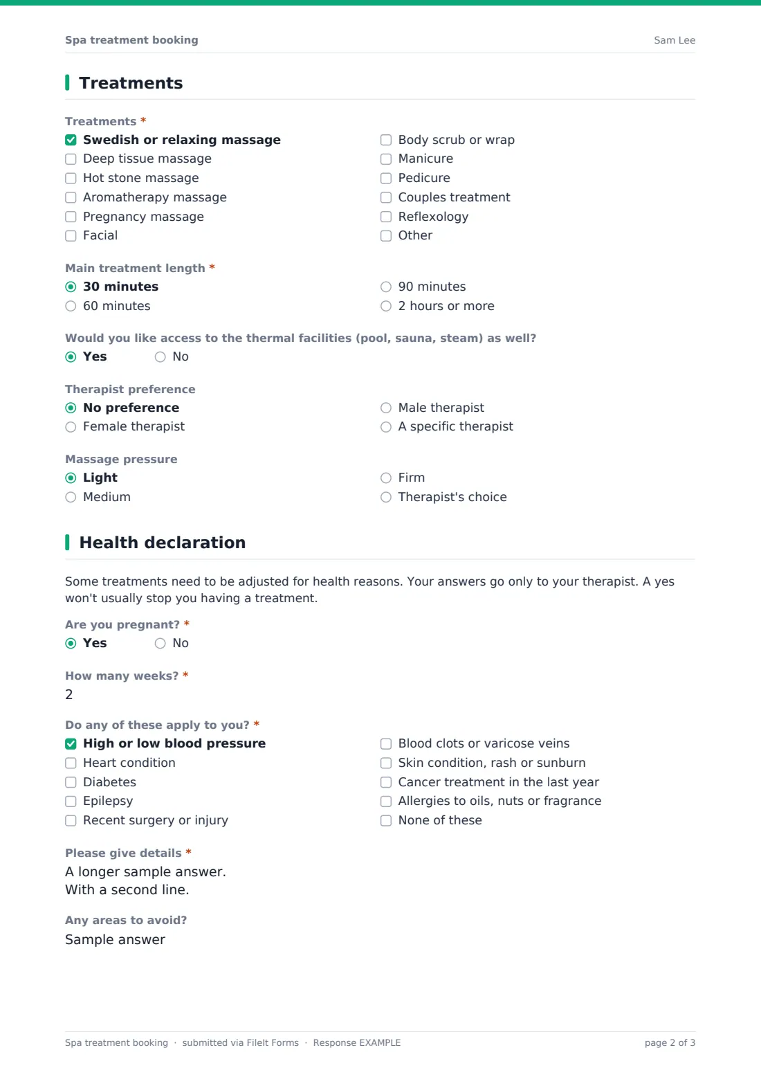 Spa treatment booking — example response PDF, page 2 of 3