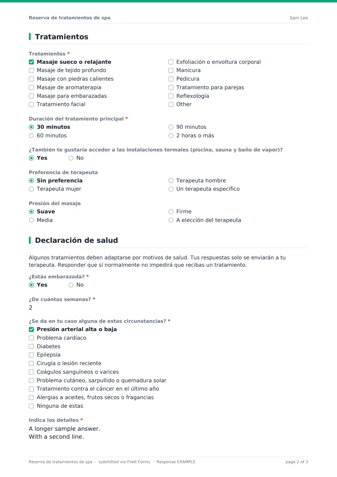 Reserva de tratamientos de spa — PDF de respuesta de ejemplo, página 2 de 3