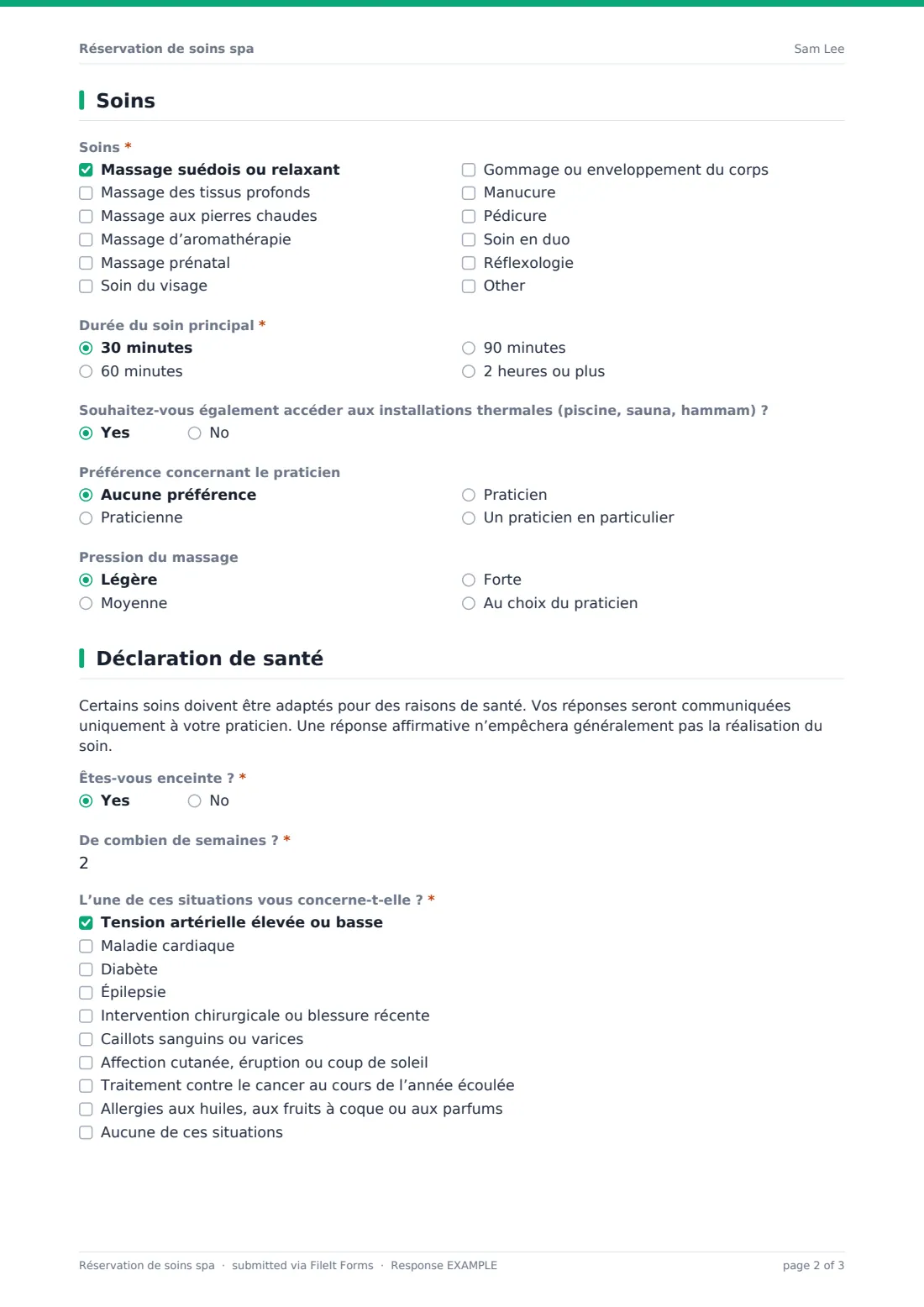 Réservation de soins spa — exemple de réponse au format PDF, page 2 sur 3
