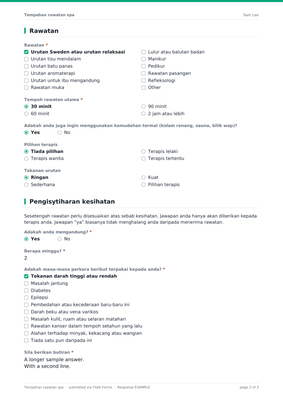 Tempahan rawatan spa — PDF respons contoh, halaman 2 daripada 3