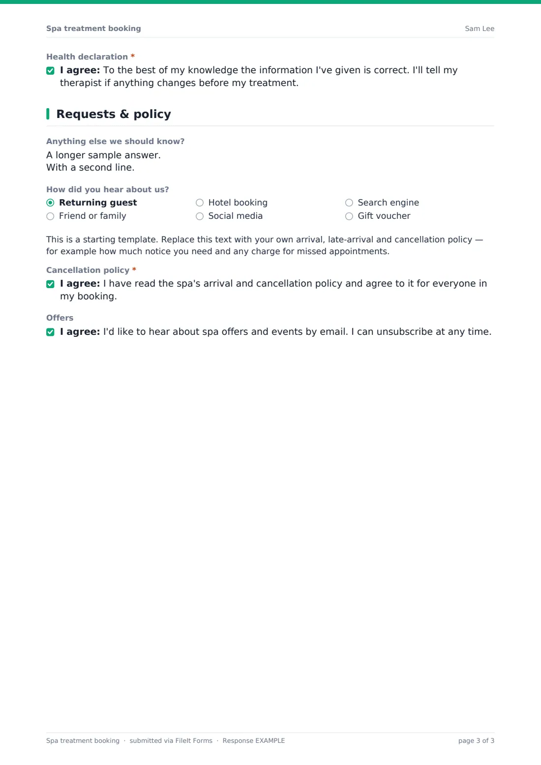 Spa treatment booking — example response PDF, page 3 of 3
