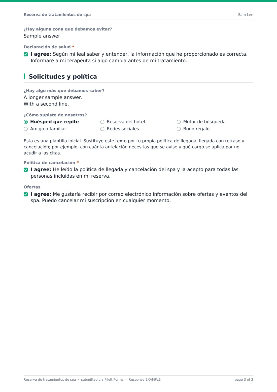 Reserva de tratamientos de spa — PDF de respuesta de ejemplo, página 3 de 3
