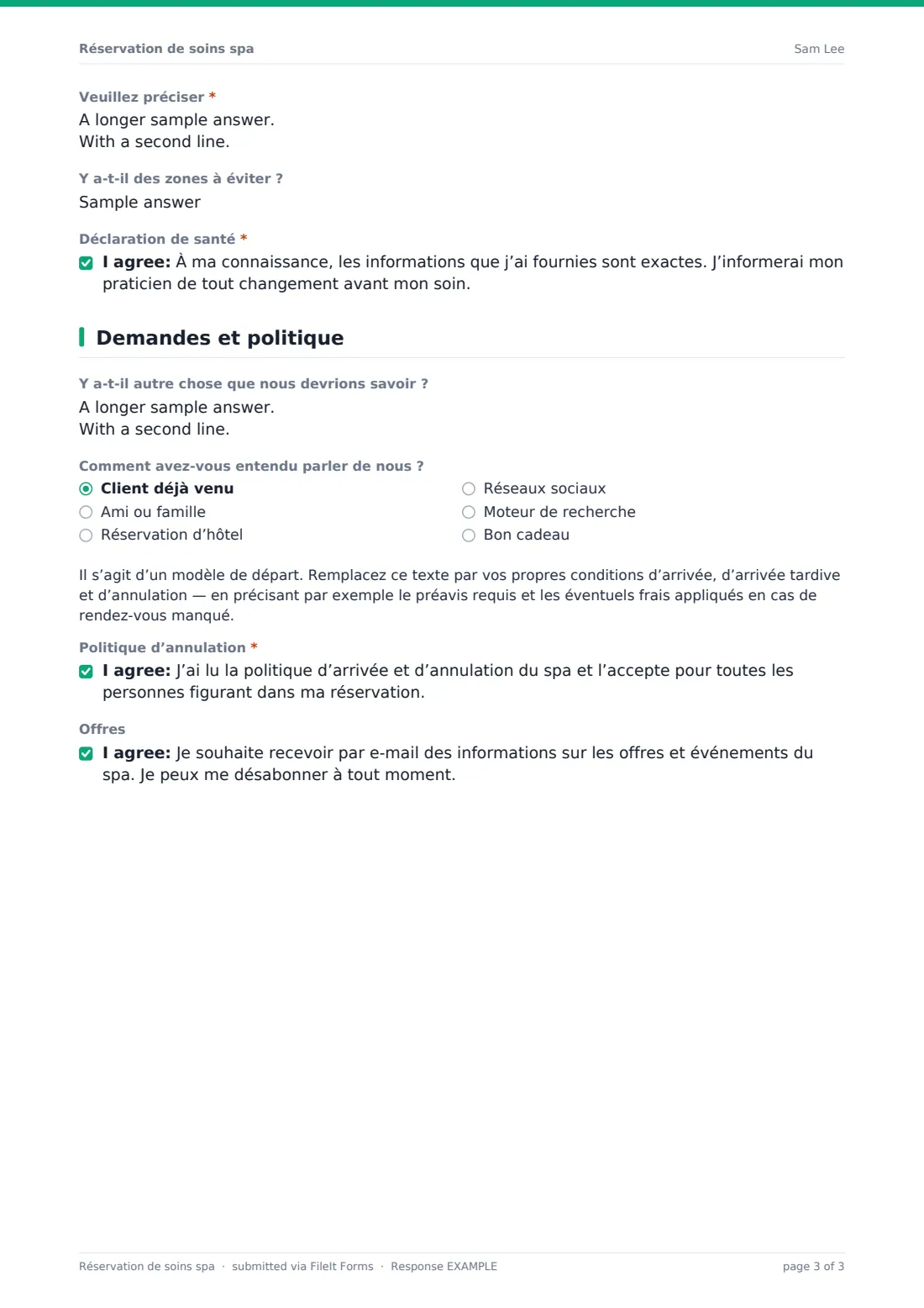 Réservation de soins spa — exemple de réponse au format PDF, page 3 sur 3