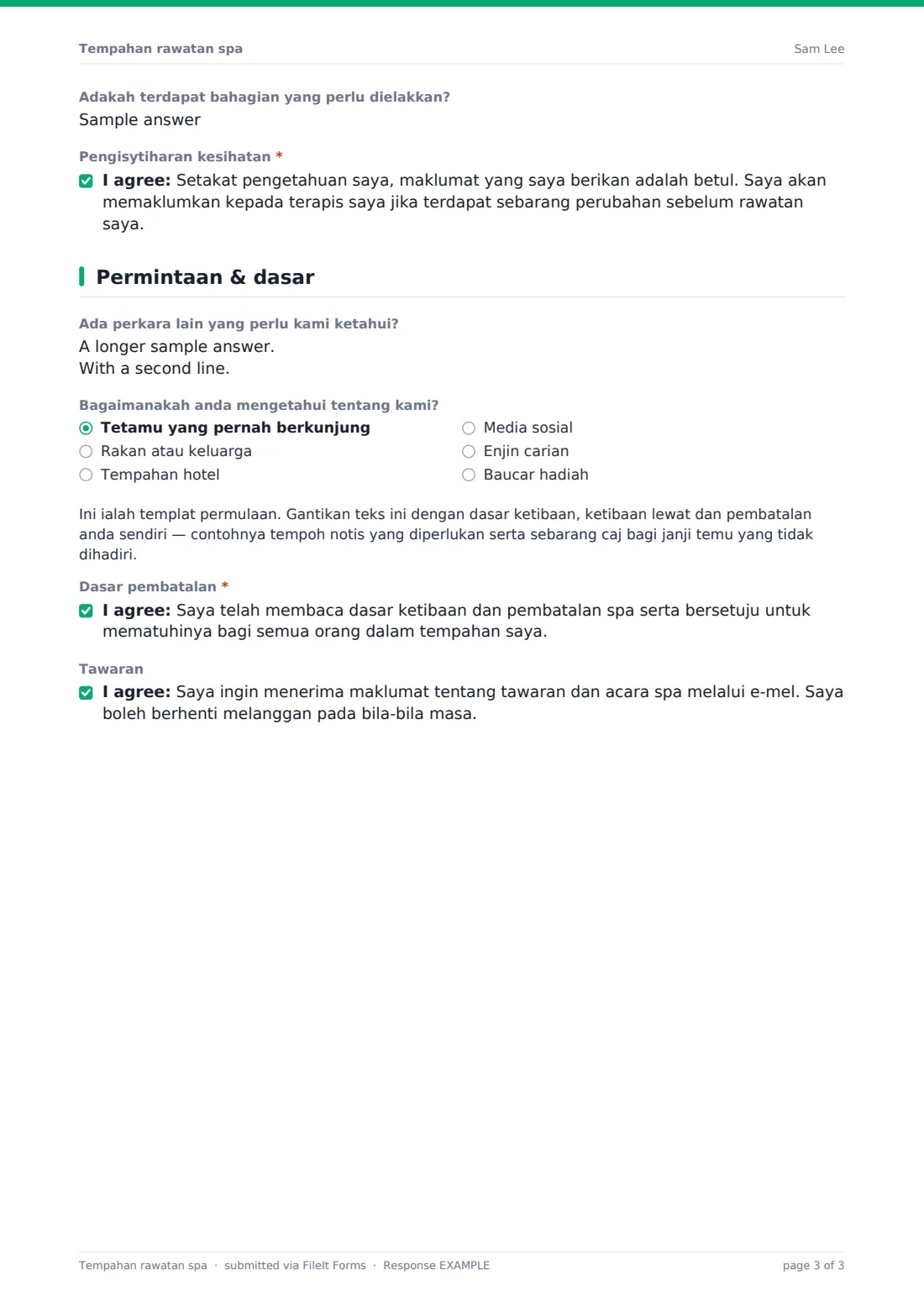 Tempahan rawatan spa — PDF respons contoh, halaman 3 daripada 3