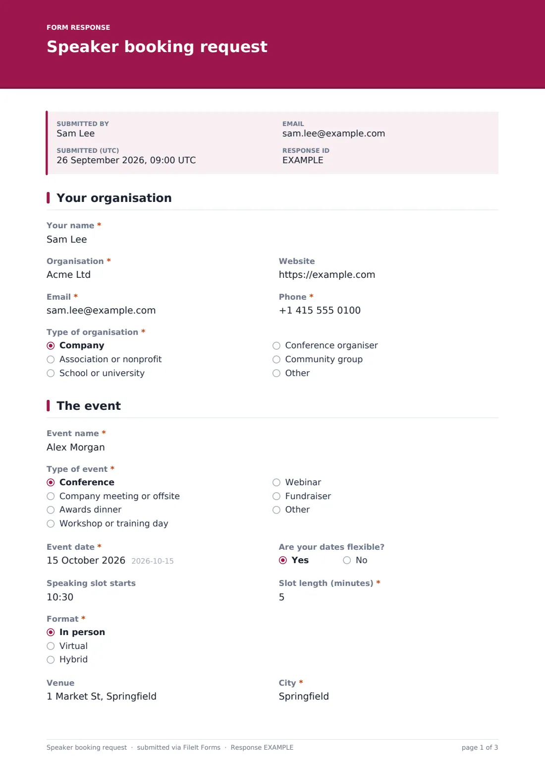 Speaker booking request — example response PDF, page 1 of 3