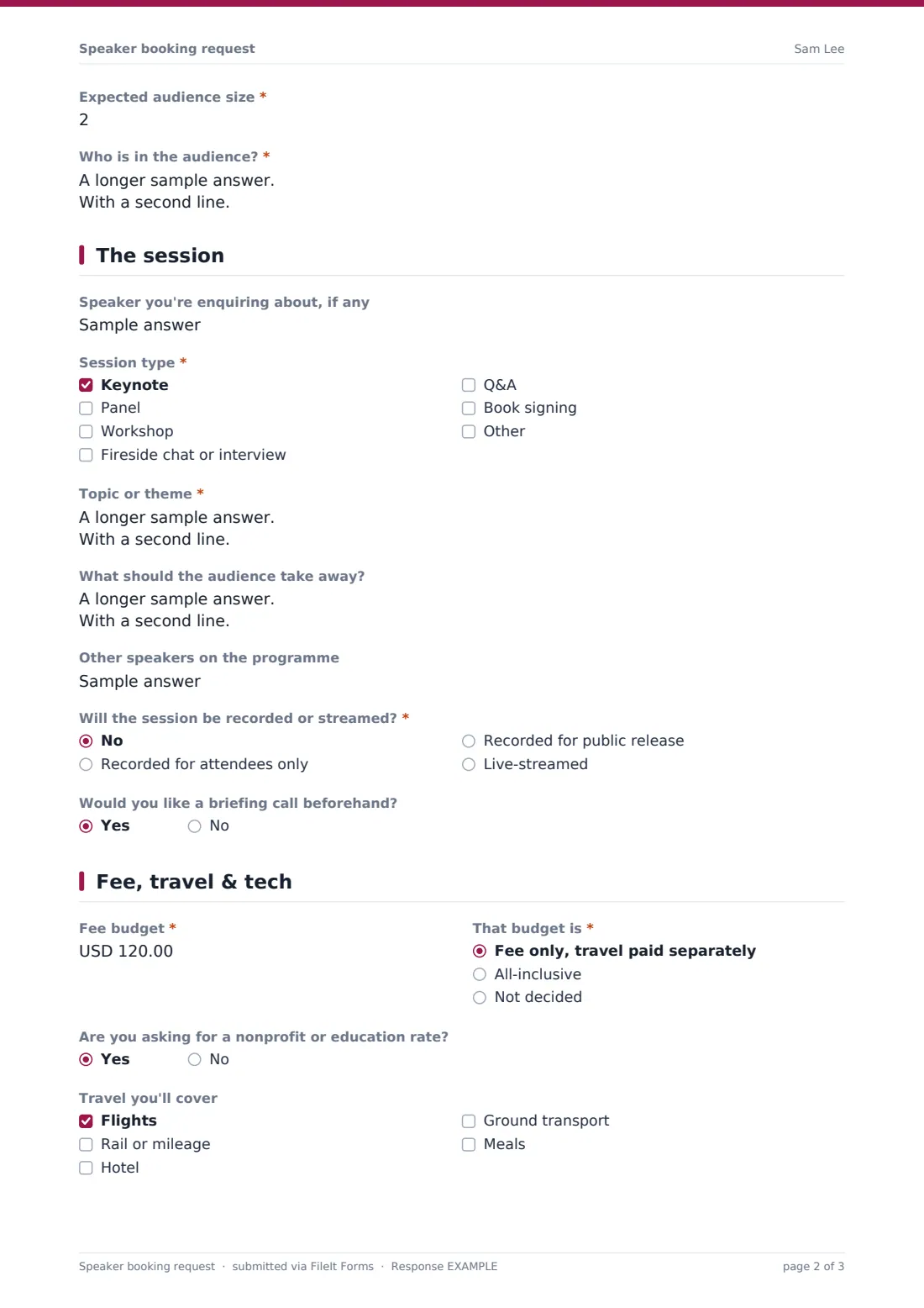 Speaker booking request — example response PDF, page 2 of 3