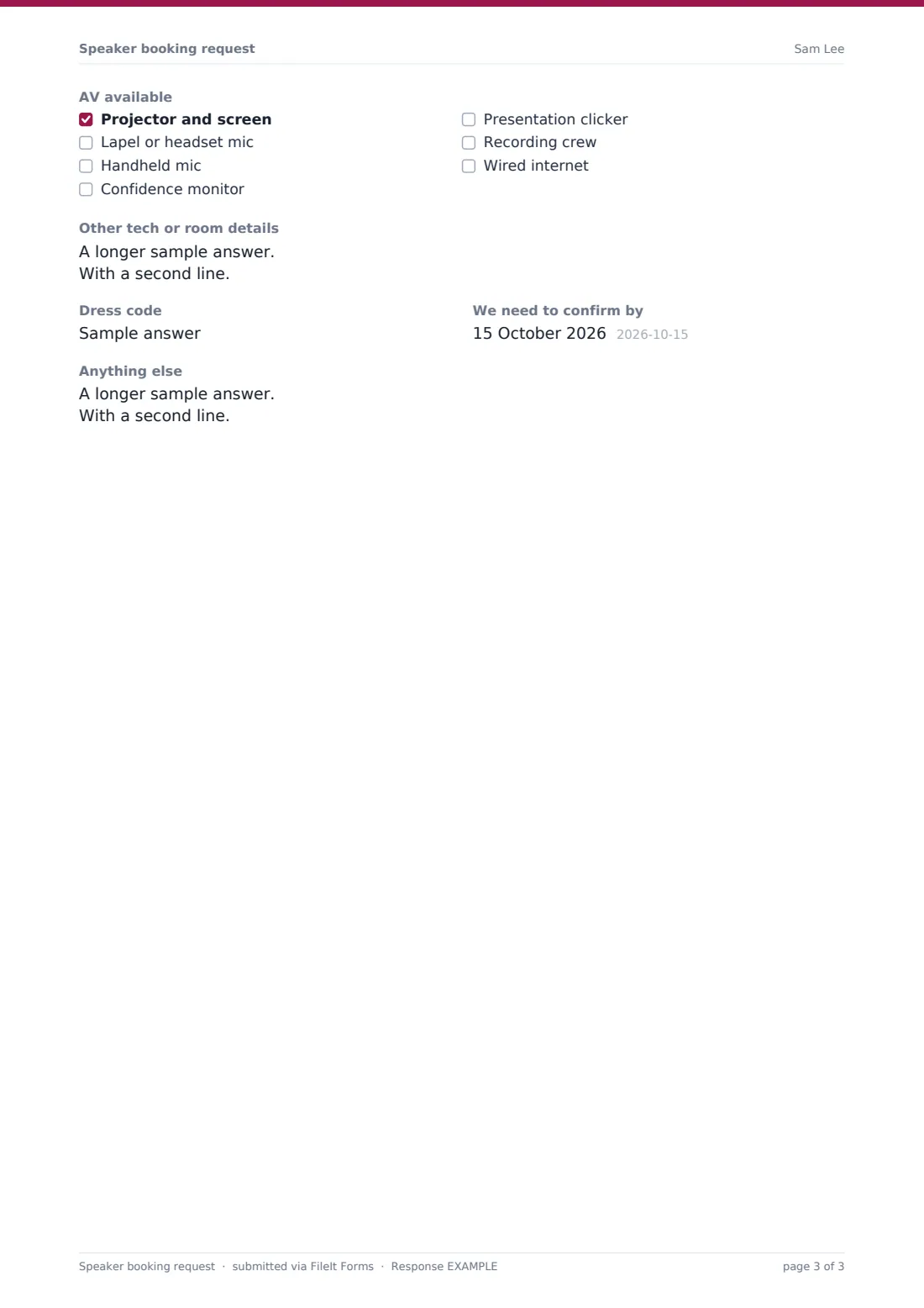 Speaker booking request — example response PDF, page 3 of 3
