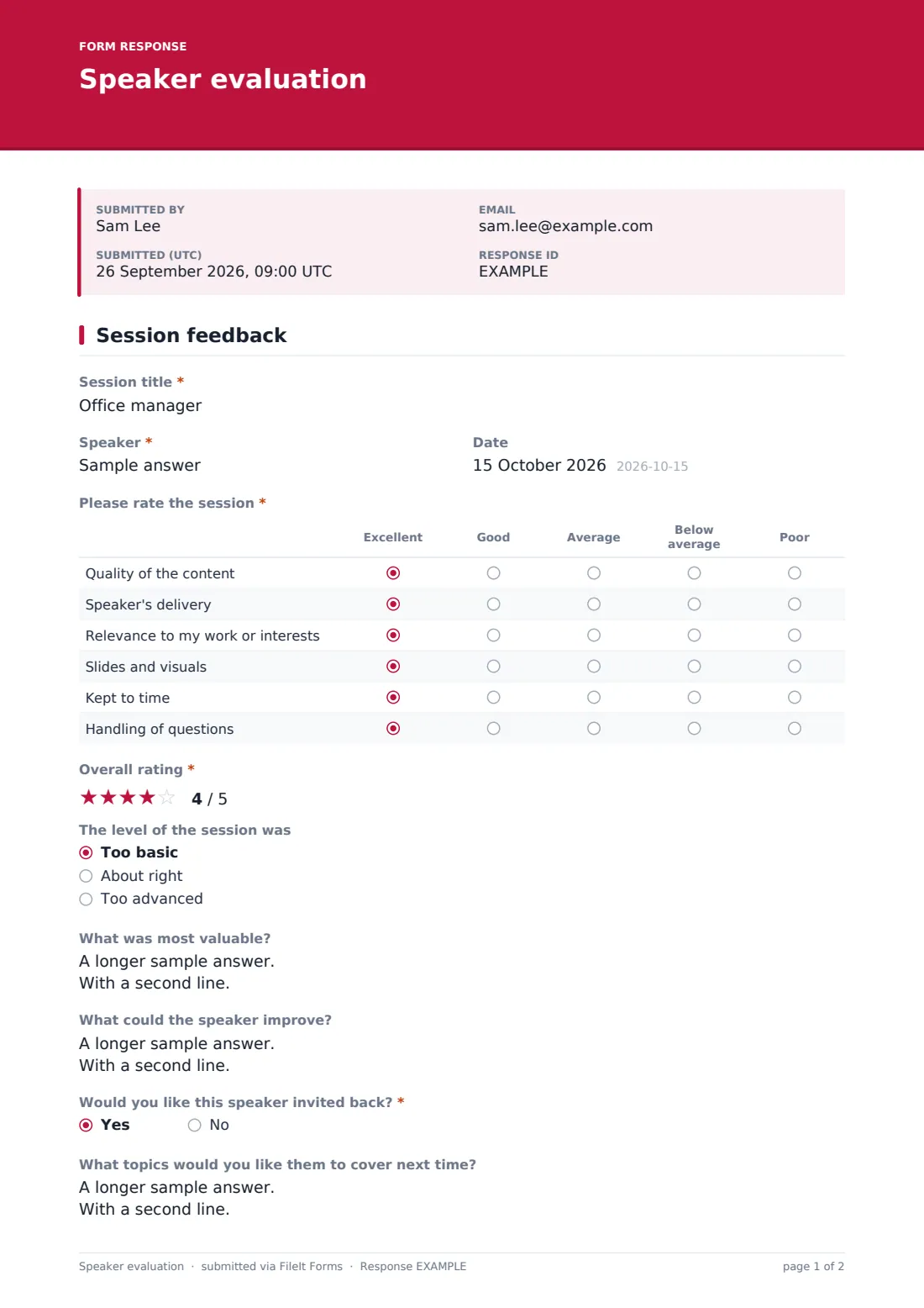 Speaker evaluation — example response PDF, page 1 of 2