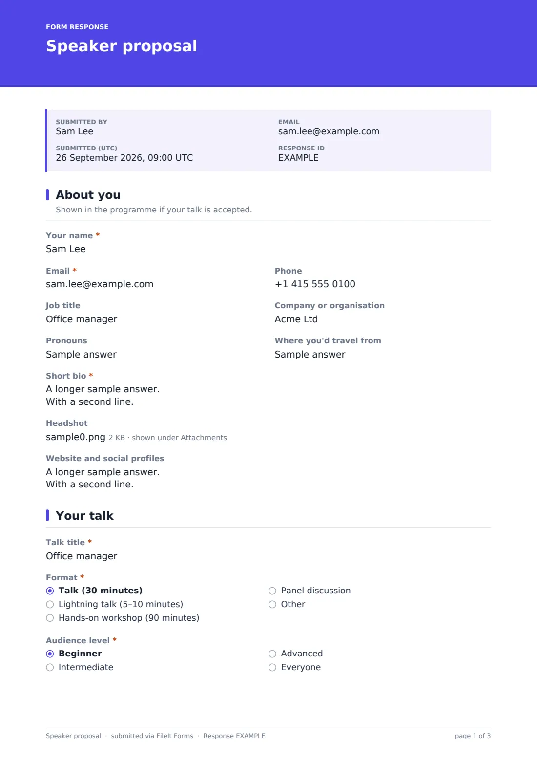 Speaker proposal — example response PDF, page 1 of 3