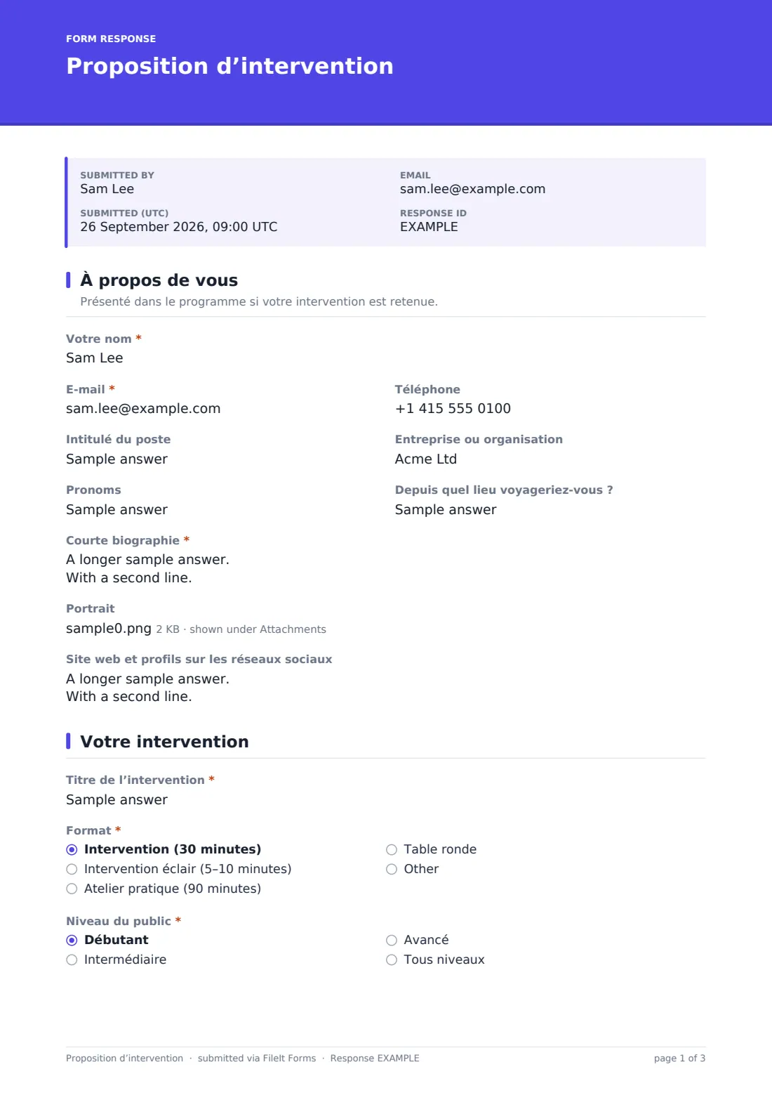 Proposition d’intervention — exemple de réponse au format PDF, page 1 sur 3