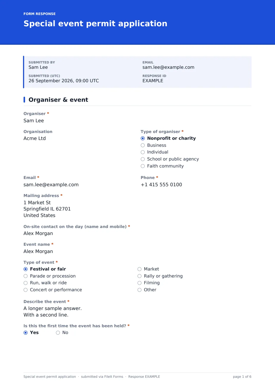 Special event permit application — example response PDF, page 1 of 6