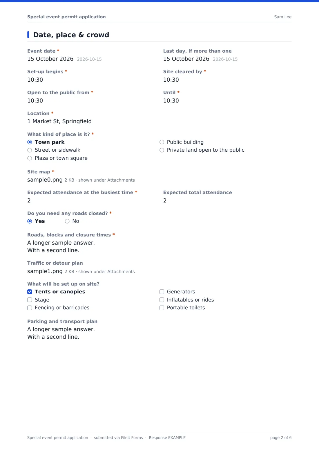 Special event permit application — example response PDF, page 2 of 6