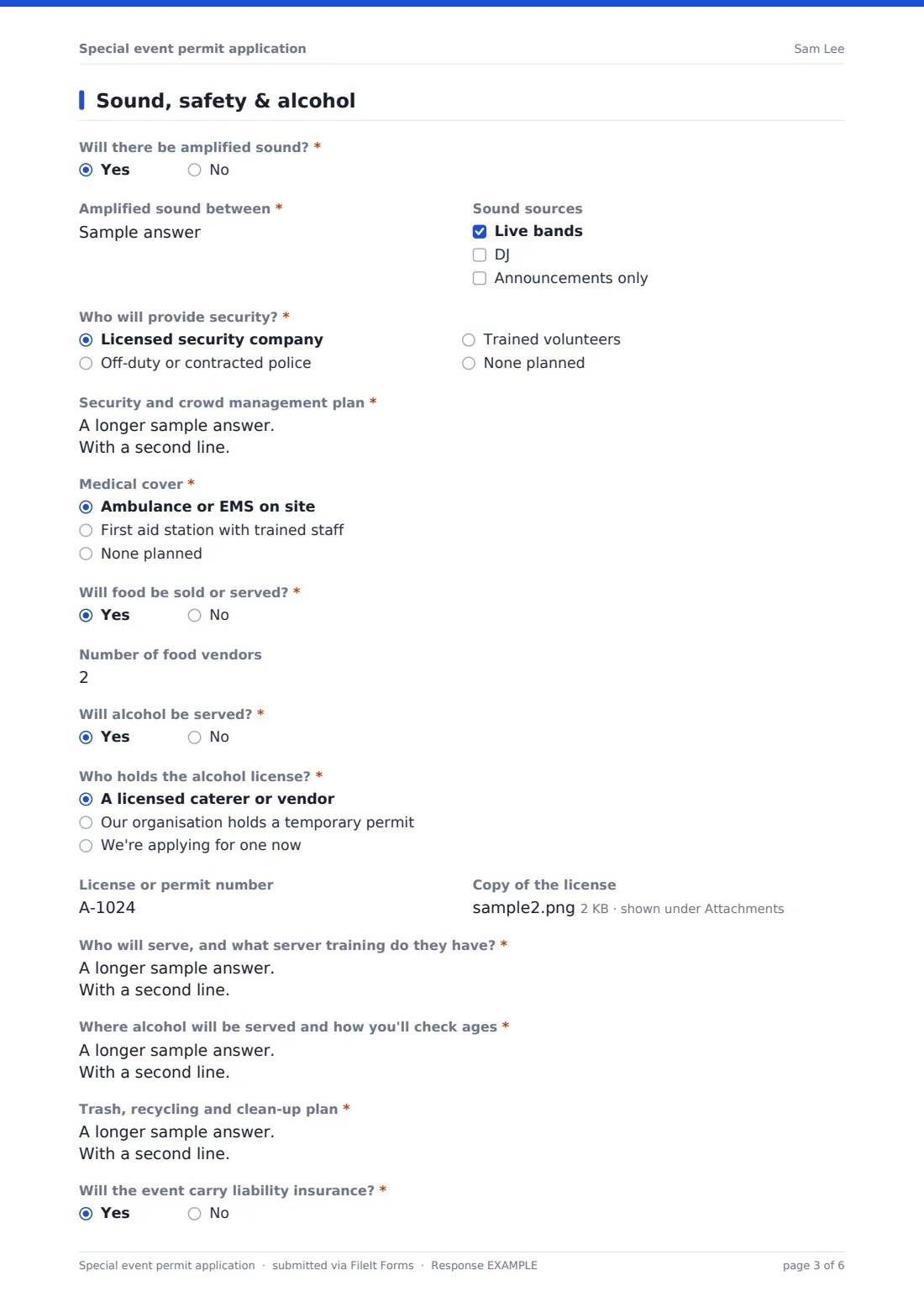 Special event permit application — example response PDF, page 3 of 6