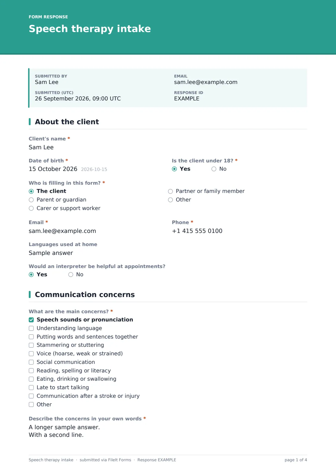 Speech therapy intake — example response PDF, page 1 of 4