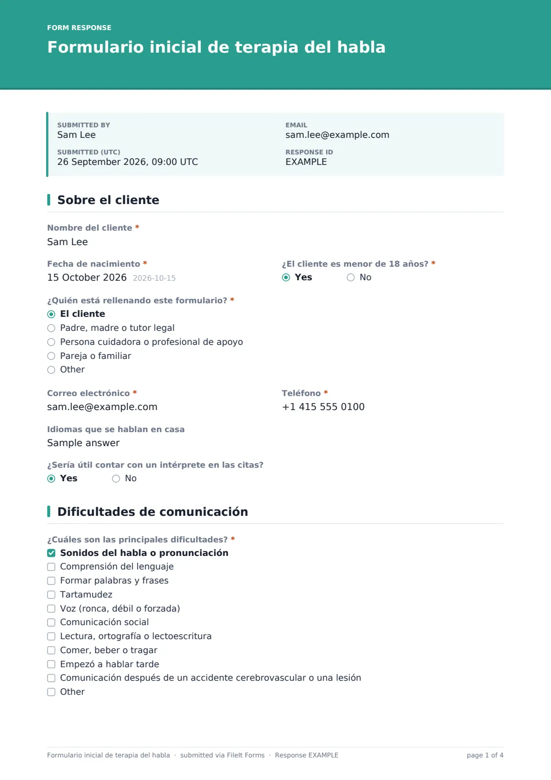 Formulario inicial de terapia del habla — PDF de respuesta de ejemplo, página 1 de 4
