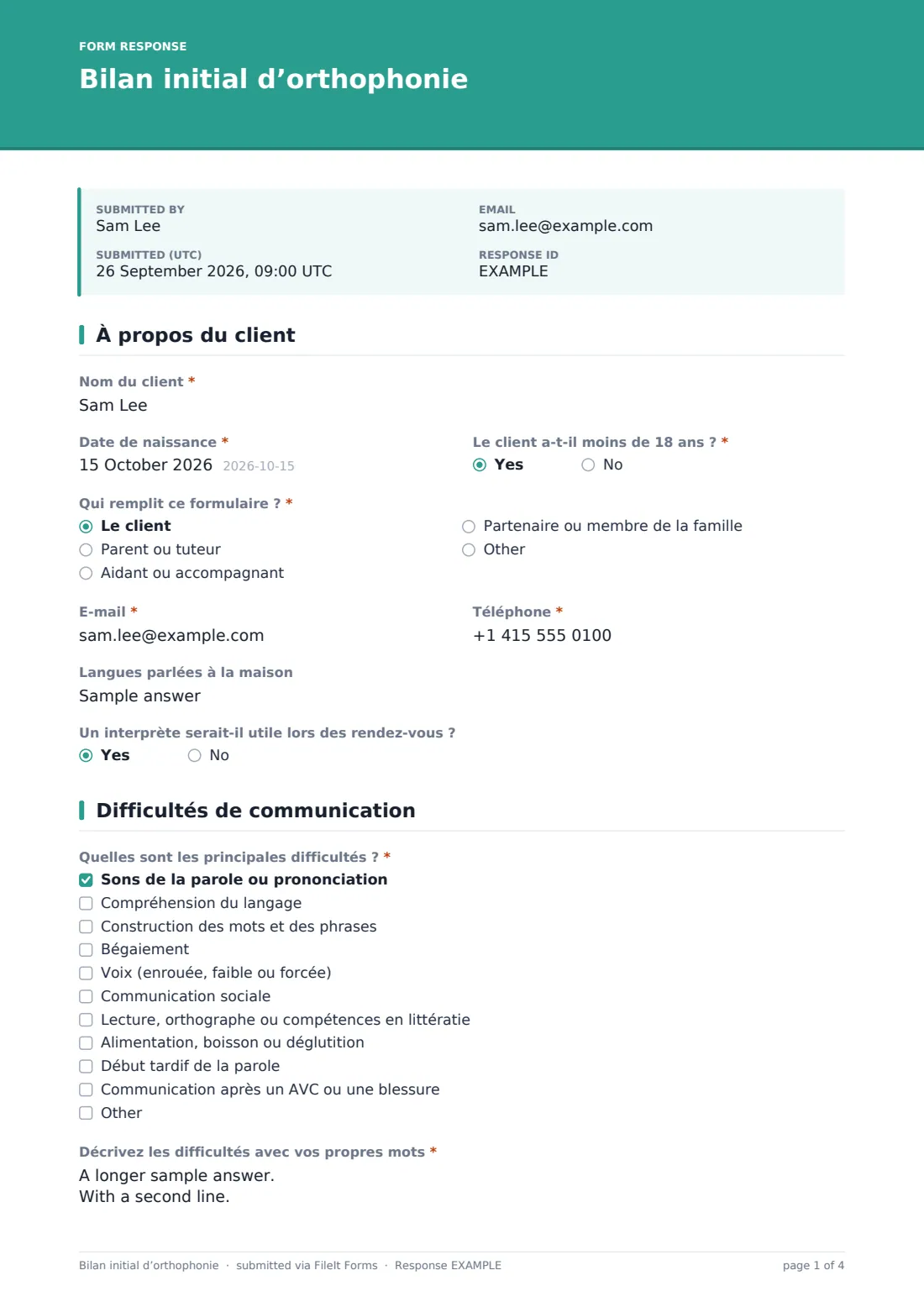Bilan initial d’orthophonie — exemple de réponse au format PDF, page 1 sur 4